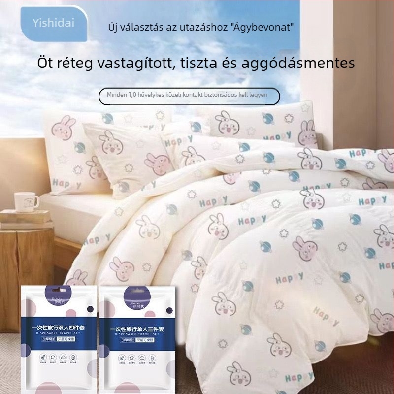 Négy részes utazási ágyneműkészlet nemszőtt anyagból: paplanhuzat, egyszer használatos lepedő és párnahuzatok
