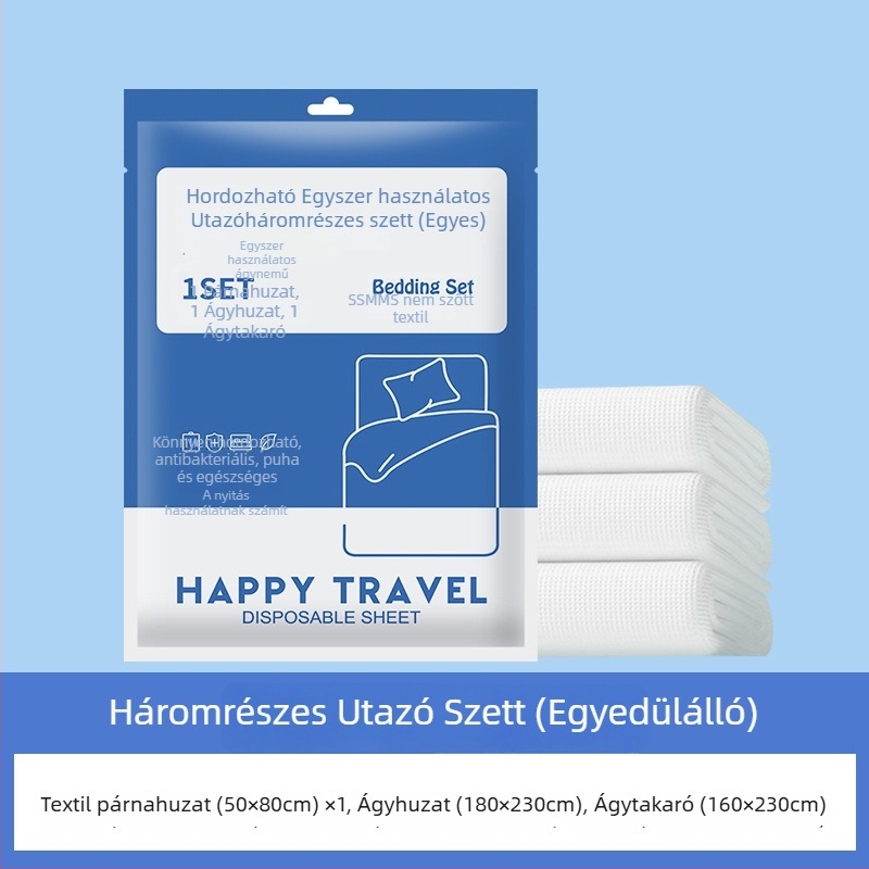 Egyszer használatos ágyneműkészlet: lepedő, paplanhuzat és párnahuzatok – négy- vagy három darabos; anyag: SSMMS nemszőtt textil; utazáshoz.