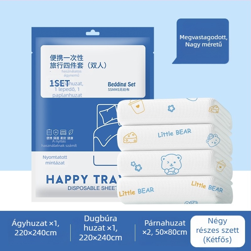 Egyszer használatos ágyneműkészlet: lepedő, paplanhuzat és párnahuzatok – négy- vagy három darabos; anyag: SSMMS nemszőtt textil; utazáshoz.