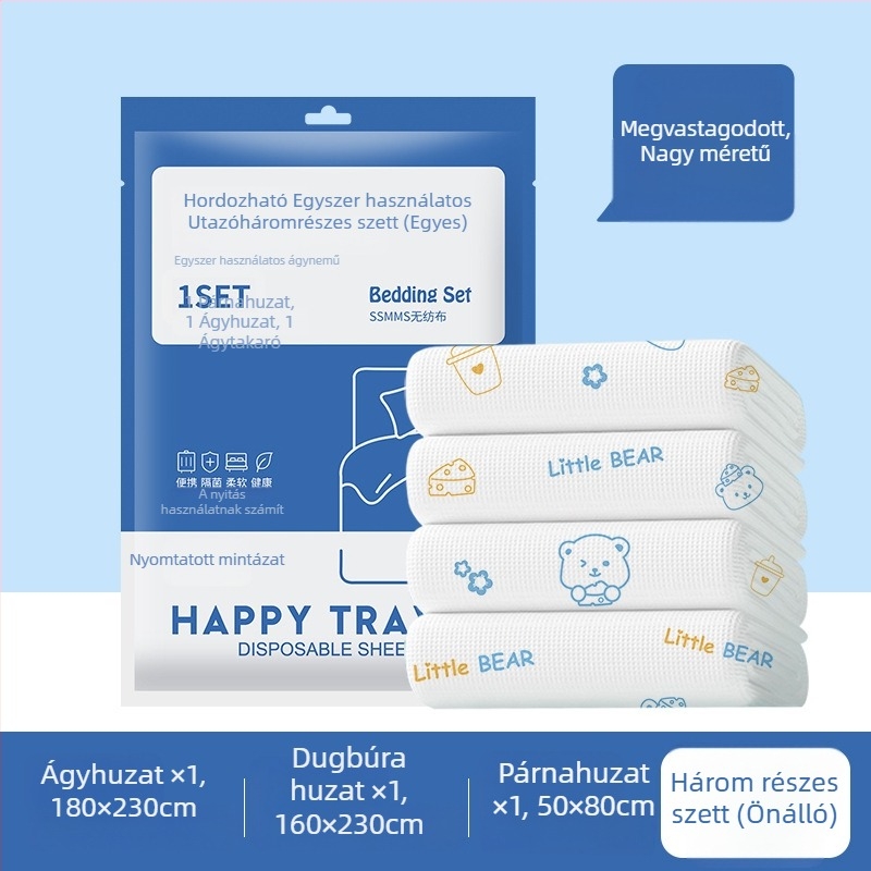 Egyszer használatos ágyneműkészlet: lepedő, paplanhuzat és párnahuzatok – négy- vagy három darabos; anyag: SSMMS nemszőtt textil; utazáshoz.