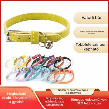 Valódi bőr macska nyakörv csengővel, állítható, fémcsattal.