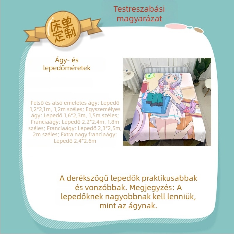 Személyre szabott lepedő diákkollégiumba, anime mintával, 100% pamut, matracvédő