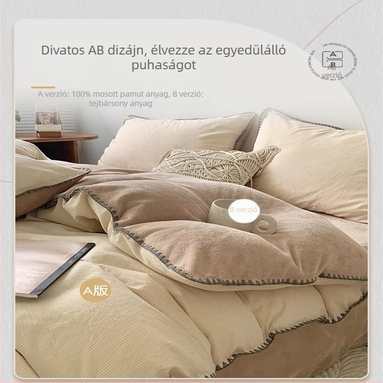 Tej velúr téli négy darabos ágyneműkészlet, AB oldalakkal, 100% pamut, korall fleece, paplanhuzat fleece-bélésével, flanel plüss lepedő