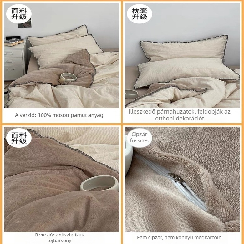 Tej velúr téli négy darabos ágyneműkészlet, AB oldalakkal, 100% pamut, korall fleece, paplanhuzat fleece-bélésével, flanel plüss lepedő