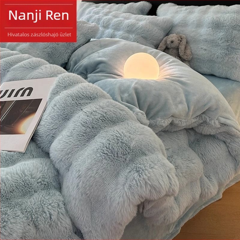 Téli plüss ágynemű tej-színű velúr és korall fleece anyagból, 4 részes
