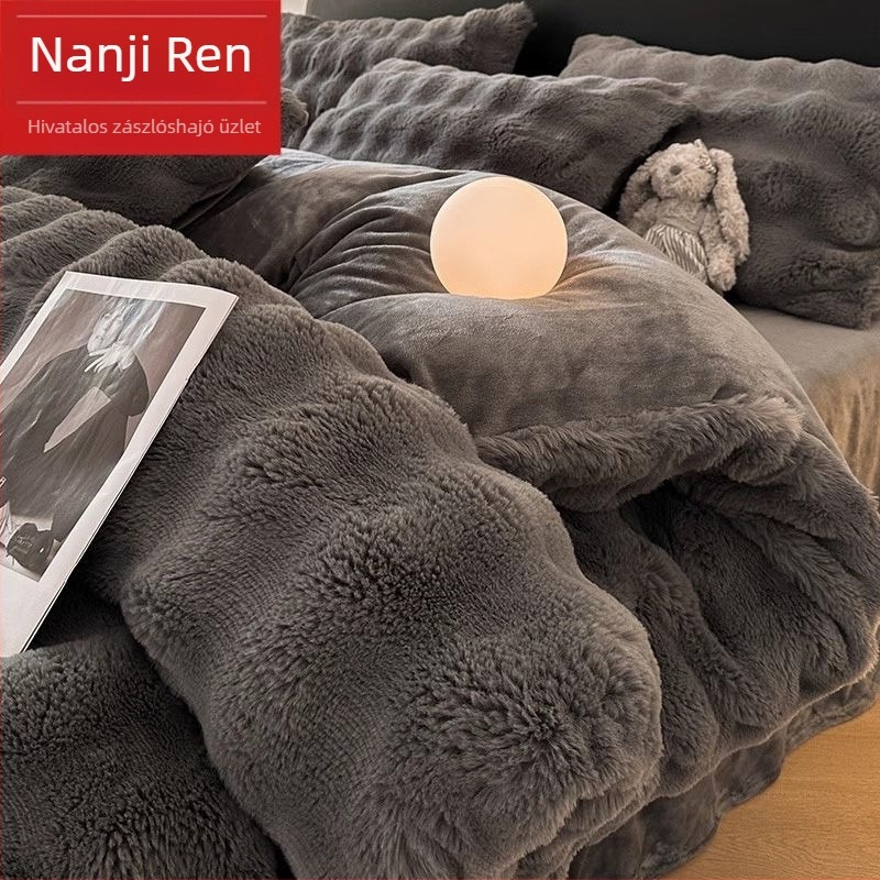 Téli plüss ágynemű tej-színű velúr és korall fleece anyagból, 4 részes