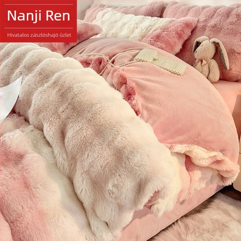 Téli plüss ágynemű tej-színű velúr és korall fleece anyagból, 4 részes