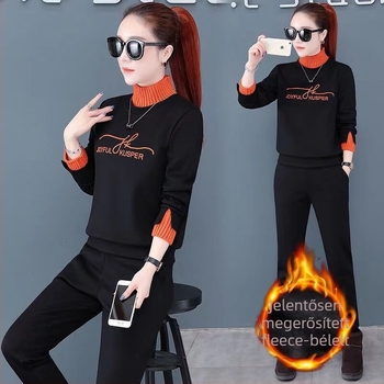 Női fleece bevonat vastagított sportos két darabos kosztüm téli 2024 modell, magas galléros kötött felső, Chenille anyag, Spandex 50–70% és Poliészter 50–70%