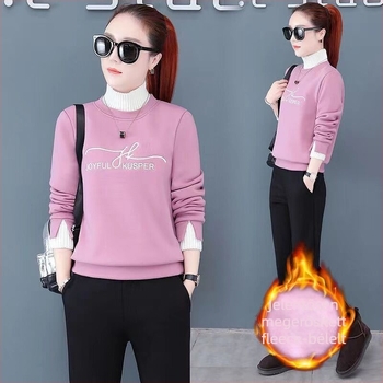 Női fleece bevonat vastagított sportos két darabos kosztüm téli 2024 modell, magas galléros kötött felső, Chenille anyag, Spandex 50–70% és Poliészter 50–70%