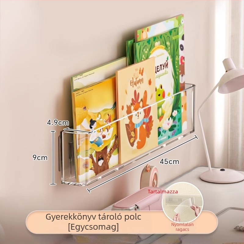 Fali könyves kiállító polc, fúrás nélkül, szerelés nélkül, PET-anyag, egyszintes, kozmetikumok, konyha, fürdőszoba és nappali tárolására