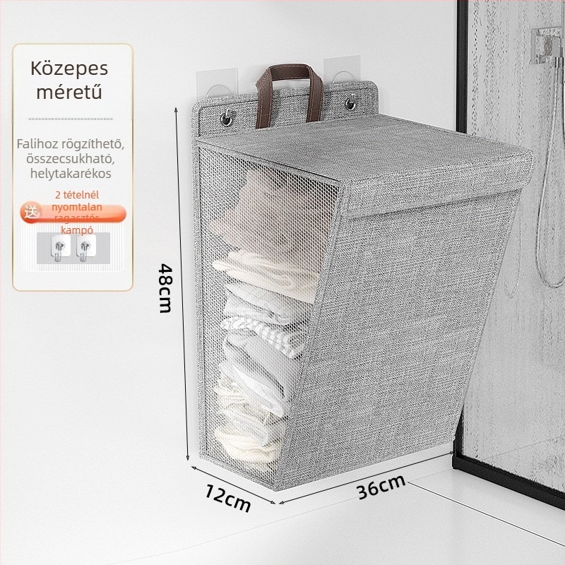 Piszkos ruhák tároló kosara - nagy kapacitású, összecsukható, falra szerelhető fürdőszobai tároló, modern minimalist stílusban