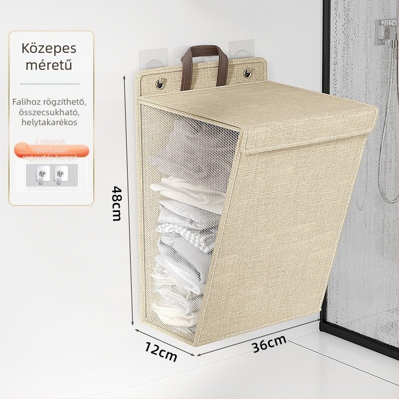 Piszkos ruhák tároló kosara - nagy kapacitású, összecsukható, falra szerelhető fürdőszobai tároló, modern minimalist stílusban