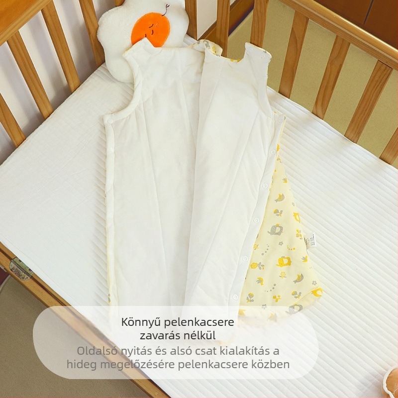 Baba hosszú töltött alvózsák ujja nélküli mellényes, téli tömött pizsama készlet, vastag anyag, állatmintás, láb elleni dizájn