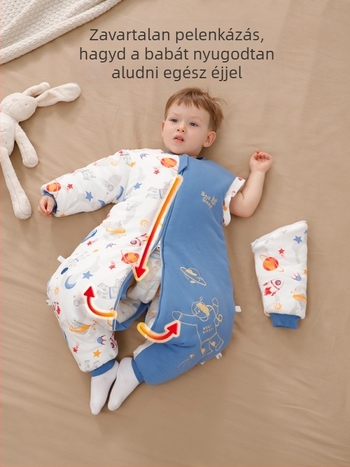 Xikati bébi alvózsák, vastag téli- és őszi modell, négyévszakos használat, állandó hőmérséklet, levehető ujjak, karikatúra mintázat