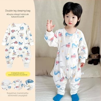 Gyerekeknek szóló két rétegű pamut alvózsák, tiszta pamut töltéssel, karikatúra mintával, lábakkal elválasztott kialakítással, tél–tavasz–őszre