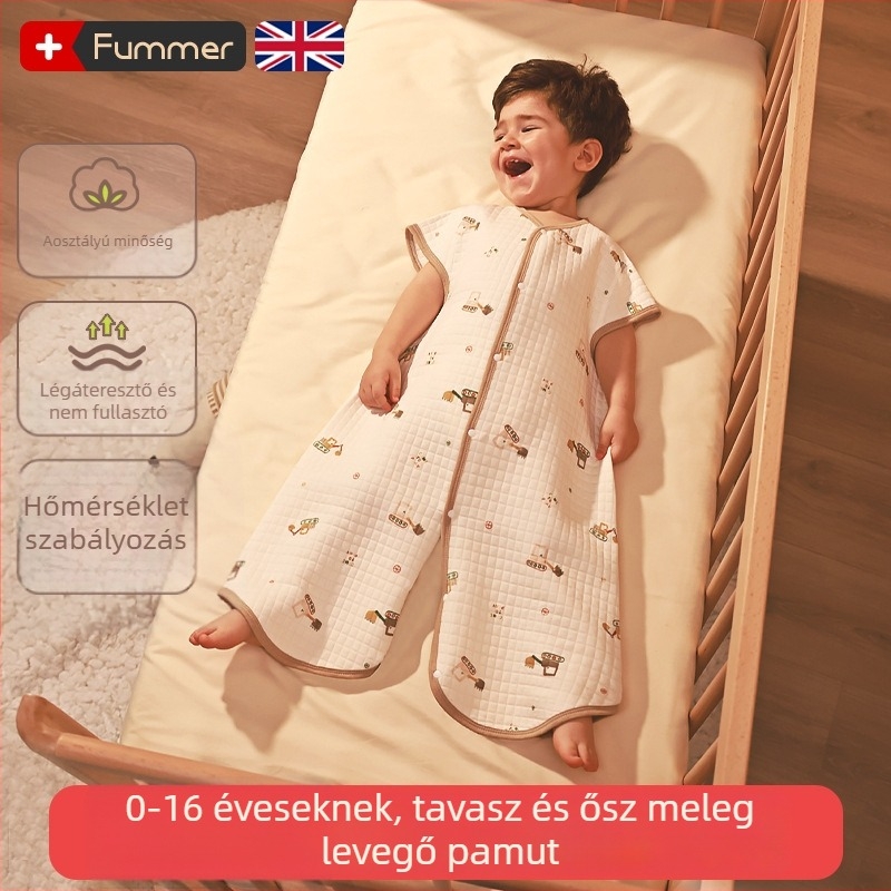 Gyermekeknek szóló quiltelt hálózsák, pamut anyag 95%+, bélés pamut 95%+, töltet poliészter-pamut, rajzfilmszerű minta, téli, tavaszi és őszi használatra