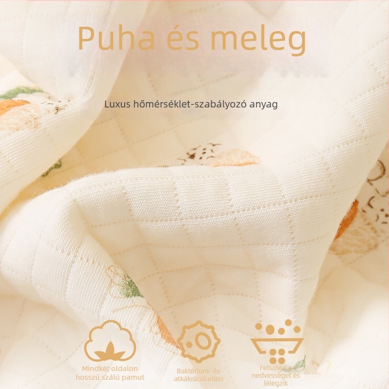 Gyermekeknek szóló quiltelt hálózsák, pamut anyag 95%+, bélés pamut 95%+, töltet poliészter-pamut, rajzfilmszerű minta, téli, tavaszi és őszi használatra