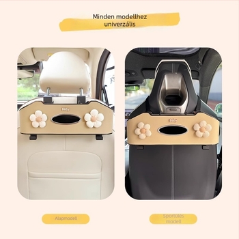 Autóülés hátsó szervezője törlőkendő tartóval és pohártartóval – műanyag, vízálló, akasztós