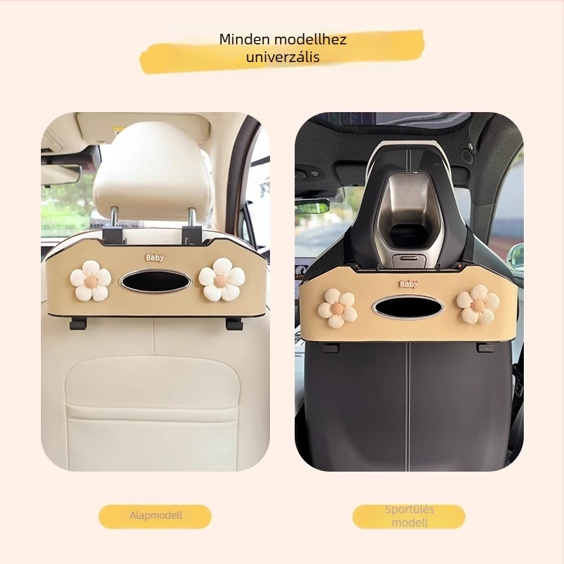 Autóülés hátsó szervezője törlőkendő tartóval és pohártartóval – műanyag, vízálló, akasztós