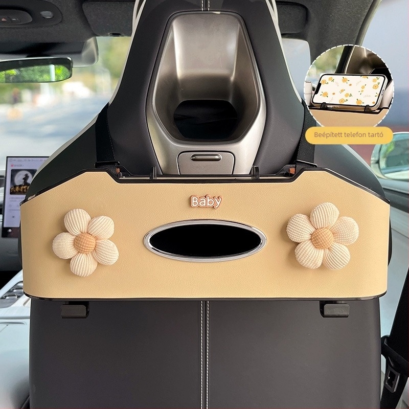 Autóülés hátsó szervezője törlőkendő tartóval és pohártartóval – műanyag, vízálló, akasztós