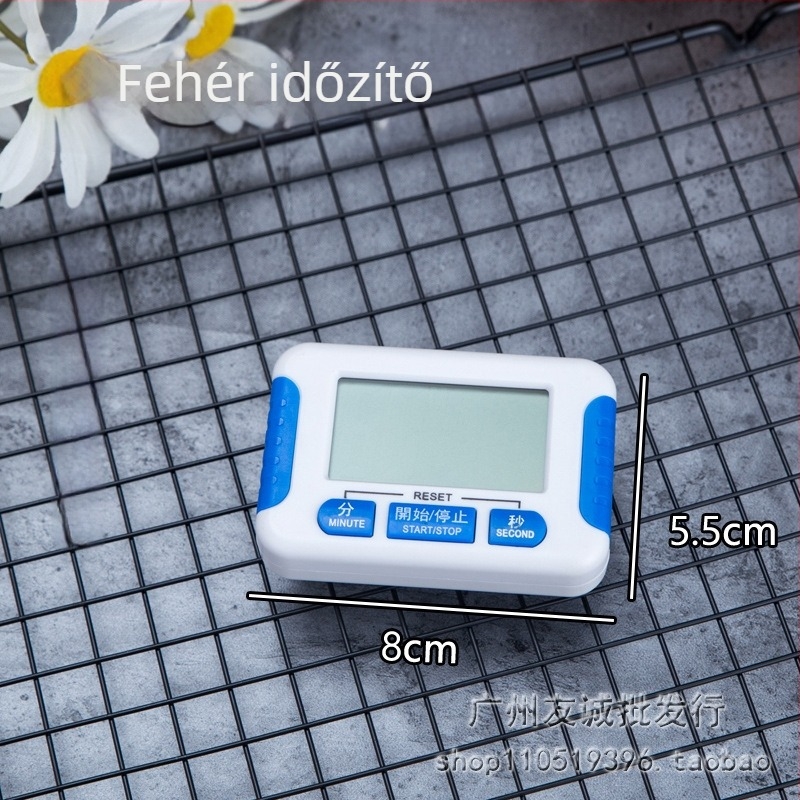 Elektronikus konyhai időmérő visszaszámlálóval és ébresztővel, téglalap alakú műanyag ház, elemről működik, kronográf funkció