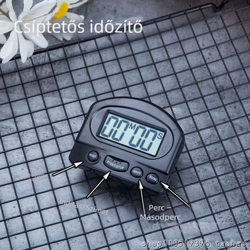 Elektronikus konyhai időmérő visszaszámlálóval és ébresztővel, téglalap alakú műanyag ház, elemről működik, kronográf funkció