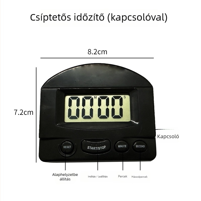 Elektronikus konyhai időmérő visszaszámlálóval és ébresztővel, téglalap alakú műanyag ház, elemről működik, kronográf funkció