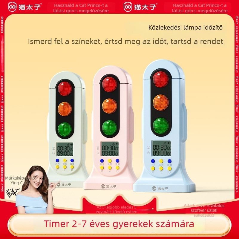 Gyerekeknek szóló időzítő kettős üzemmódú forgalomlámpával, gyerekzár, színes LED kijelző, elemről működik