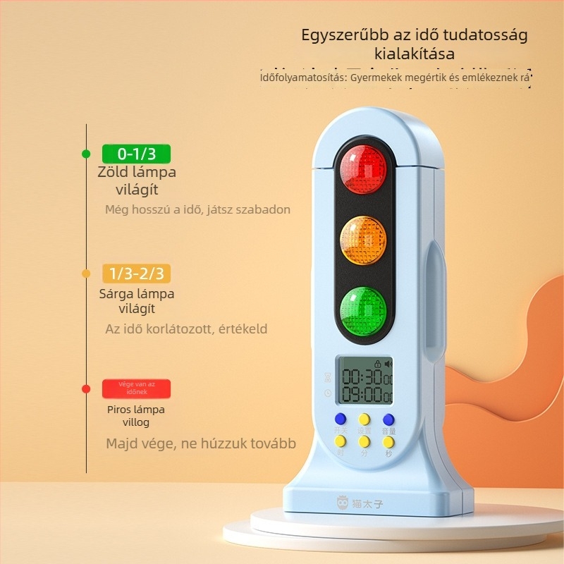 Gyerekeknek szóló időzítő kettős üzemmódú forgalomlámpával, gyerekzár, színes LED kijelző, elemről működik