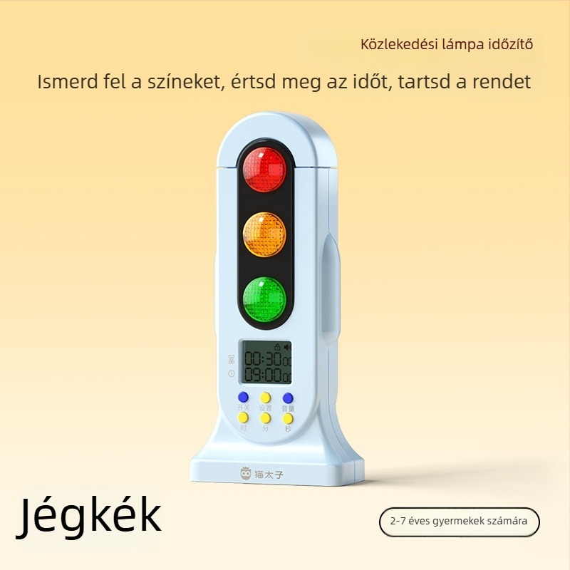 Gyerekeknek szóló időzítő kettős üzemmódú forgalomlámpával, gyerekzár, színes LED kijelző, elemről működik