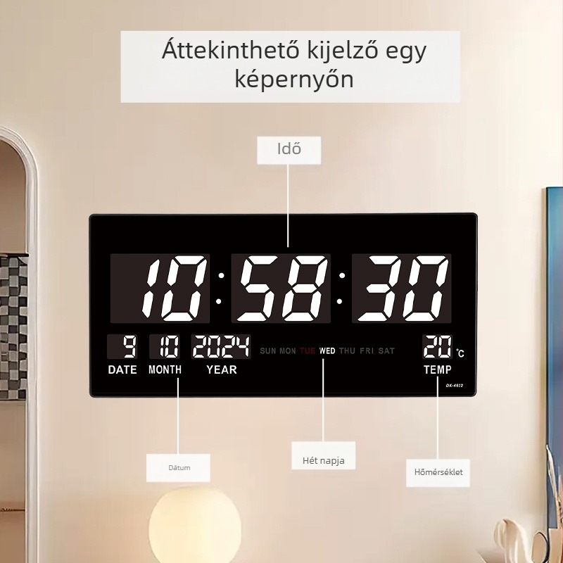 LED digitális falióra hőmérővel és heti kijelzővel – külső tápegység, elektronikus működés