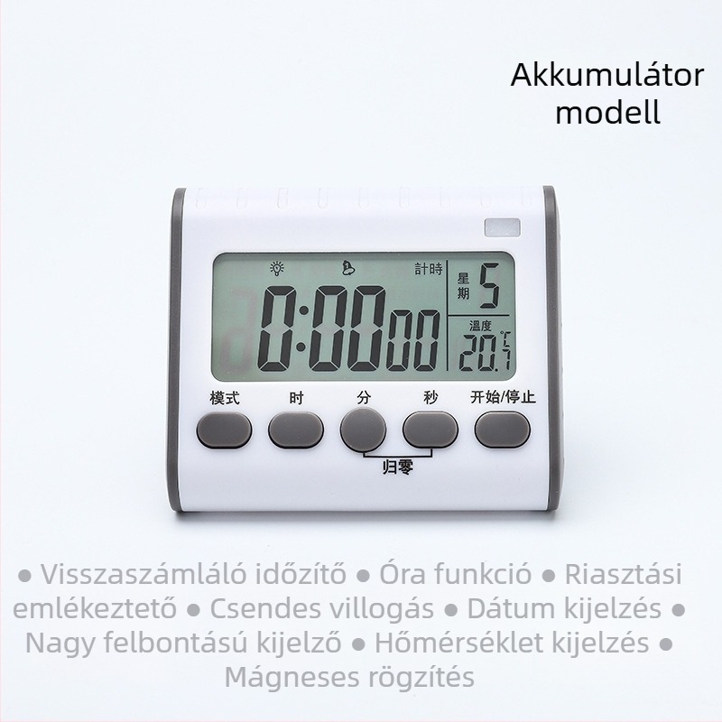 Akkumulátoros konyhai időzítő, emlékeztetővel, többfunkciós ébresztő óra főzéshez, önfegyelem időmérő, mágneses falra szerelhető