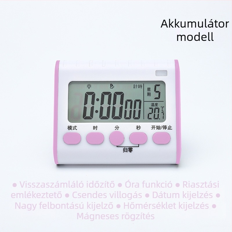 Akkumulátoros konyhai időzítő, emlékeztetővel, többfunkciós ébresztő óra főzéshez, önfegyelem időmérő, mágneses falra szerelhető