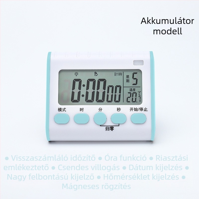 Akkumulátoros konyhai időzítő, emlékeztetővel, többfunkciós ébresztő óra főzéshez, önfegyelem időmérő, mágneses falra szerelhető