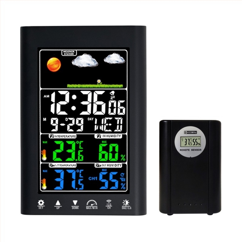 JIMEI ébresztőóra LCD kijelzővel és időjárási állomással: időjárás-előrejelzés, páratartalom, örök naptár, ébresztés, világidő