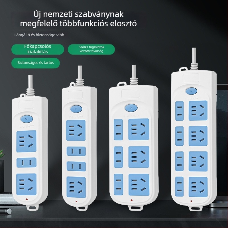 5-aljzatú hosszú vezetékkel ellátott elosztó, 10A, 100-250V, ABS ház, réz vezetők, 3C tanúsítvány