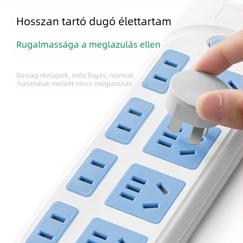 5-aljzatú hosszú vezetékkel ellátott elosztó, 10A, 100-250V, ABS ház, réz vezetők, 3C tanúsítvány