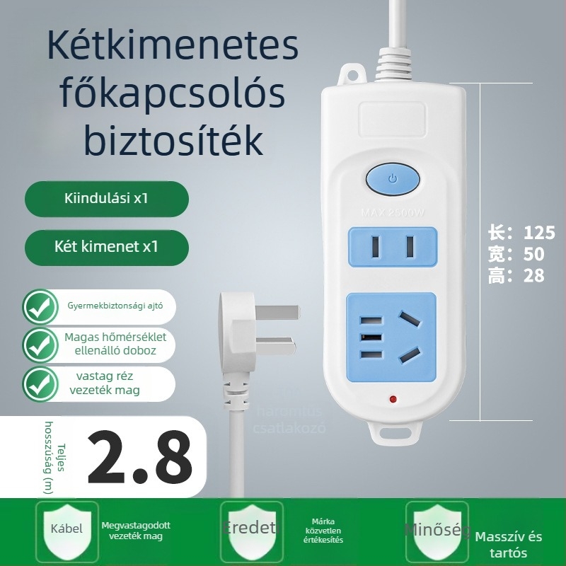 5-aljzatú hosszú vezetékkel ellátott elosztó, 10A, 100-250V, ABS ház, réz vezetők, 3C tanúsítvány