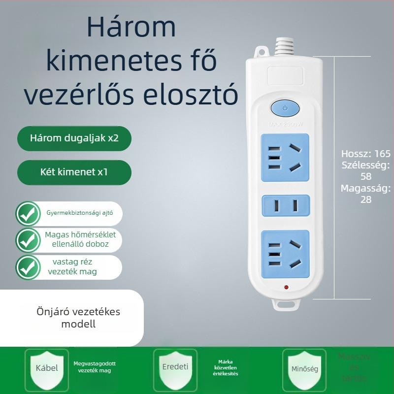 5-aljzatú hosszú vezetékkel ellátott elosztó, 10A, 100-250V, ABS ház, réz vezetők, 3C tanúsítvány
