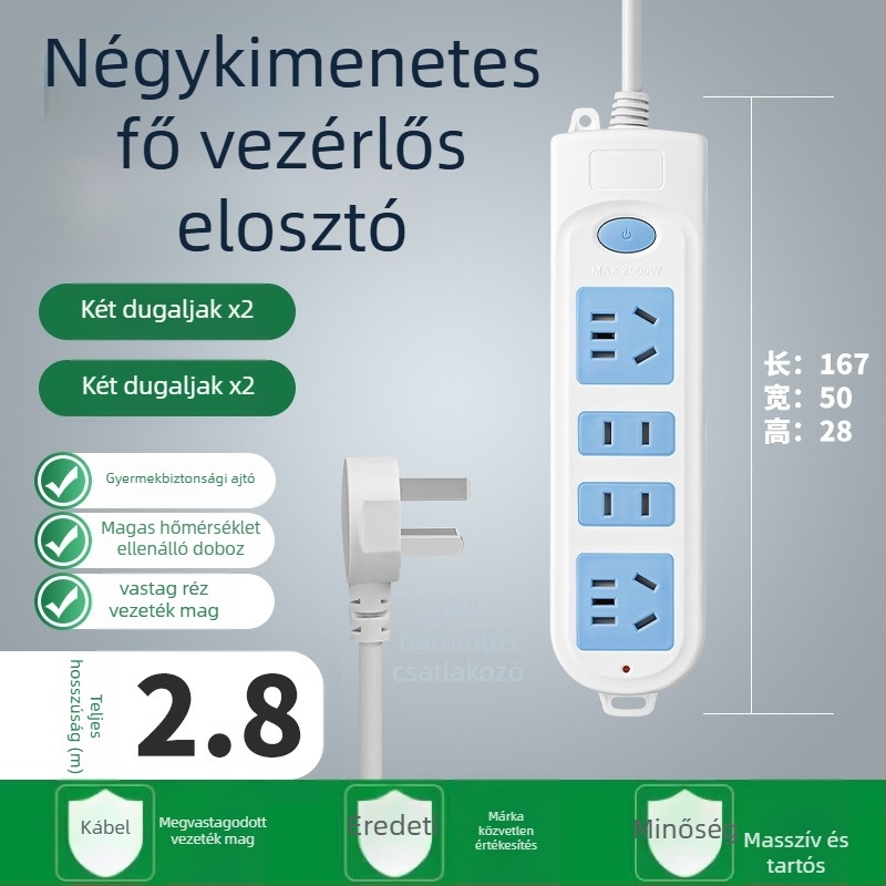 5-aljzatú hosszú vezetékkel ellátott elosztó, 10A, 100-250V, ABS ház, réz vezetők, 3C tanúsítvány