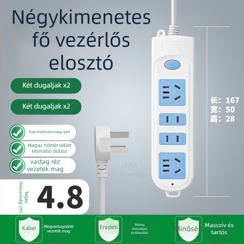 5-aljzatú hosszú vezetékkel ellátott elosztó, 10A, 100-250V, ABS ház, réz vezetők, 3C tanúsítvány