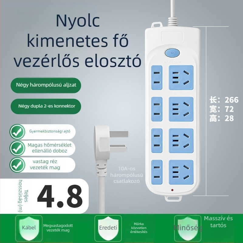 5-aljzatú hosszú vezetékkel ellátott elosztó, 10A, 100-250V, ABS ház, réz vezetők, 3C tanúsítvány