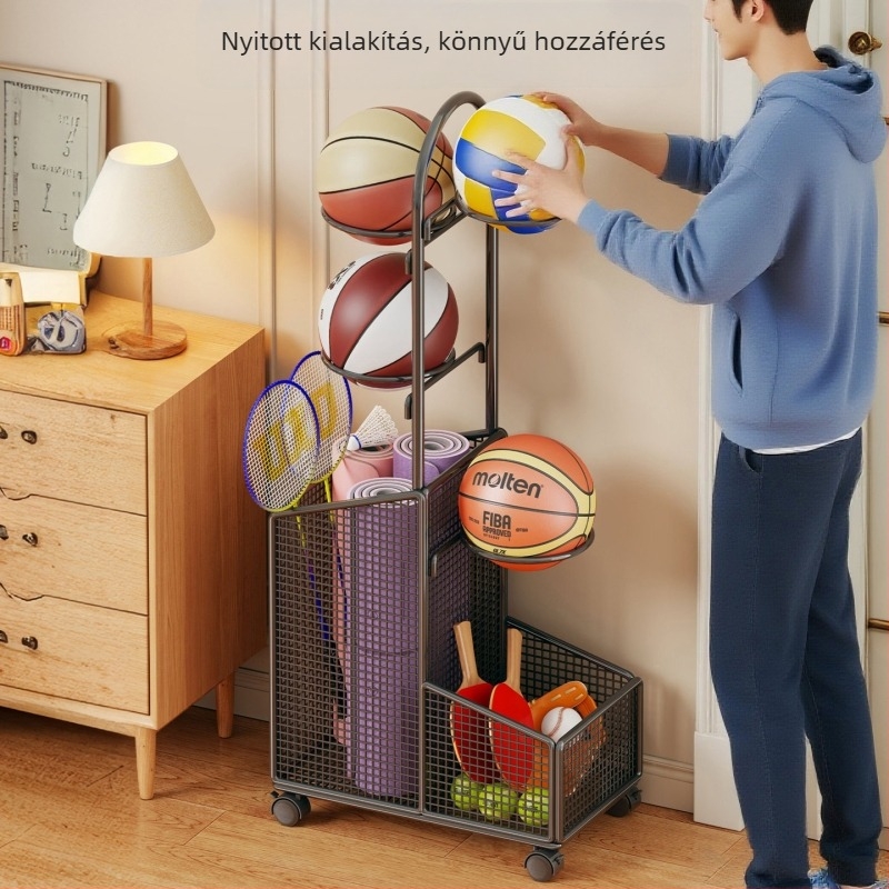 Kerekekkel ellátott labdatároló állvány, beltéri mozgatható, vasból, Isijia, 1 kg, kosárlabda, röplabda, asztalitenisz, tollaslabda és egyéb labdajátékokhoz