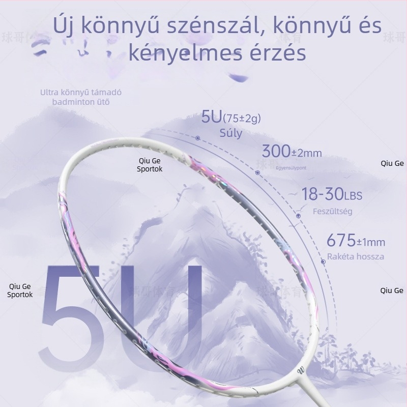 Badmintonütő teljes szénszálas váz, tömeg 75–79 g, közvetlen ütés, labdakezelés, testreszabás elérhető