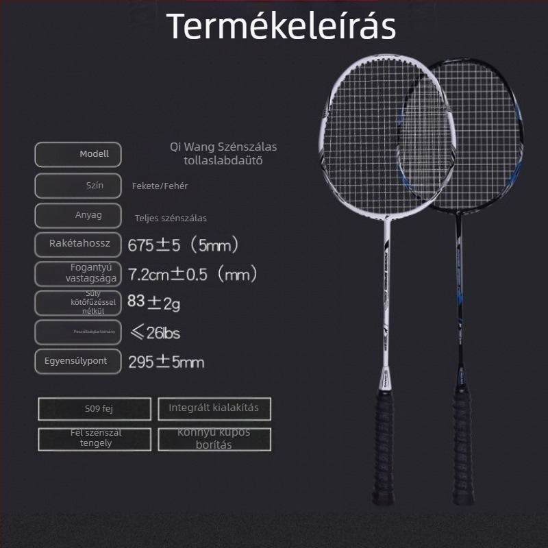 Badminton ütő teljes karbon szálas váz, 75–79 g, extra puha érzet, edzésre