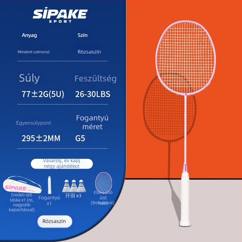  Tollaslabdaütő - ultra könnyű, teljes szénszálas keret, felnőtteknek és kezdőknek, súly 75-79 g, nylon húrozat, fogantyú G5, egyenes fejű dizájn