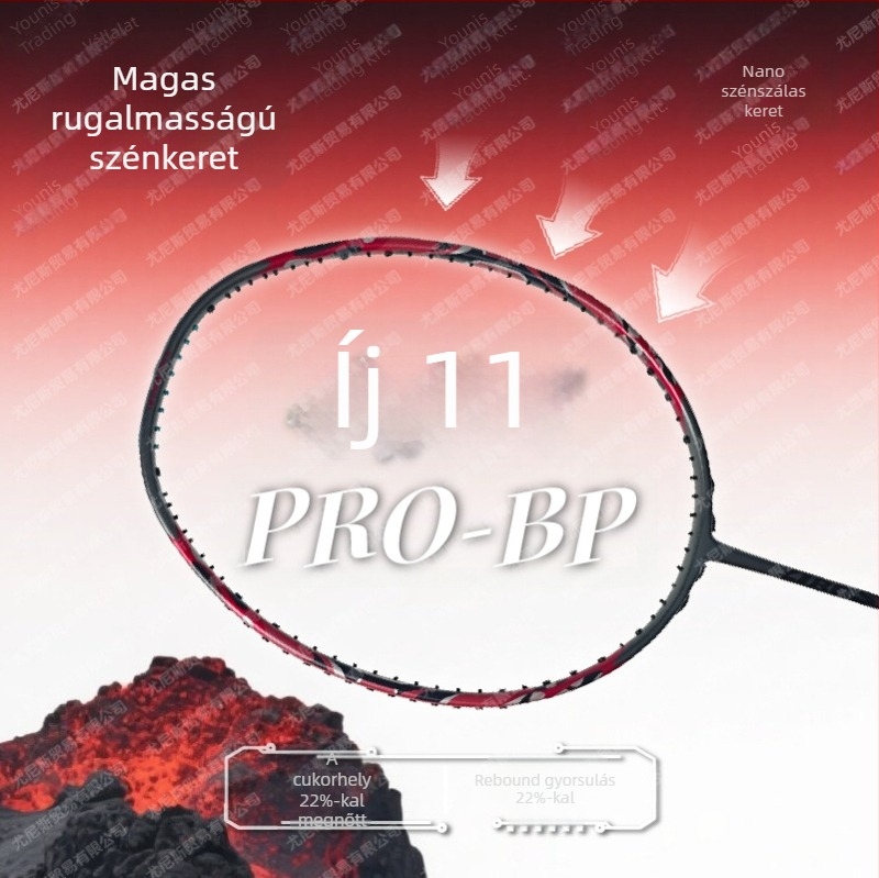 Tollaslabdaütő karbon rostból készült kerettel, nylon húrok, belső hab, súly 80–84 g, markolat vastagsága G5