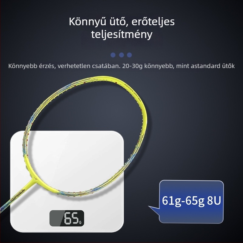 Egyrészes tollaslabdaütő 10U, karbon szálas váz, súly 75–79 g, G5 fogantyú, nylon damil