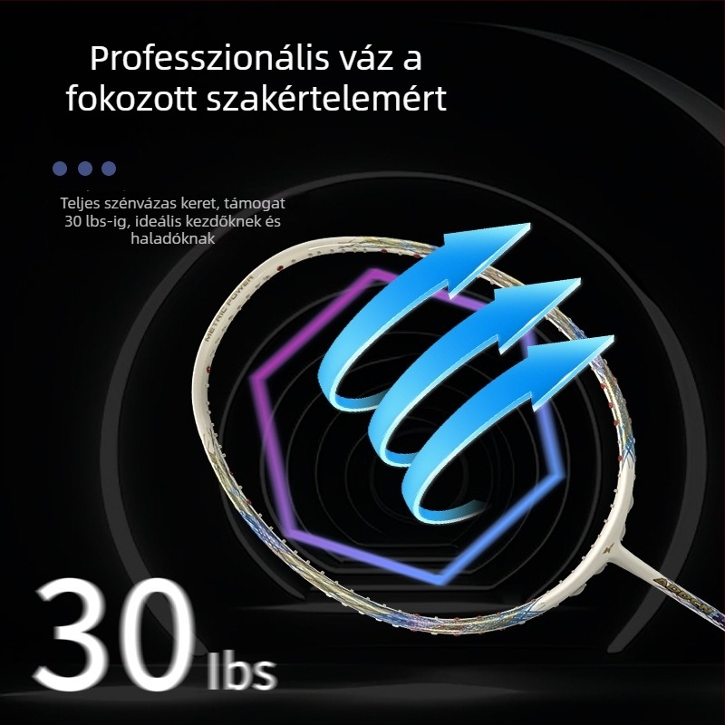 Egyrészes tollaslabdaütő 10U, karbon szálas váz, súly 75–79 g, G5 fogantyú, nylon damil