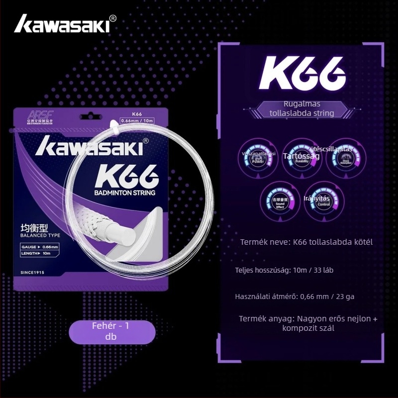 Kawasaki ütőhúr – Kompozit szál, 0,66 mm, 23–25 lb, Labdahang, badminton és teniszhez